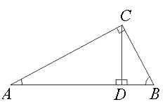 Den største rettvinklede trekanten har hjørnene A, B, C og vinkelen BCA er 90 grader. Den nest største rettvinklede trekanten har hjørnene A, D, C og vinkelen ADC er 90 grader. Den minste rettvinkelde trekanten har hjørnene D, B, C og vinkelen BDC er 90 grader.